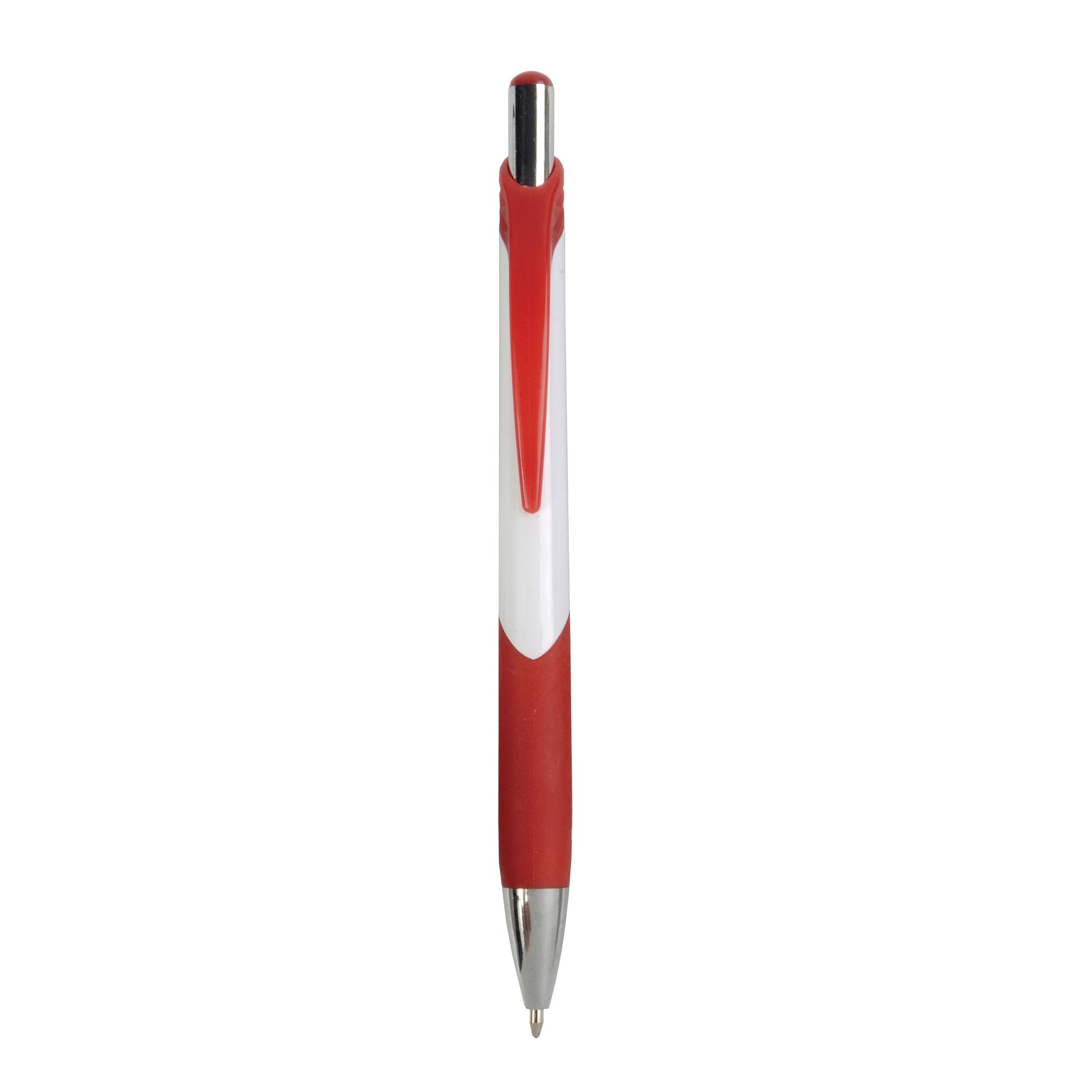 Penna a scatto in plastica con fusto bianco, impugatura gommata e colorata Penna a scatto in plastica con fusto bianco, impugatura gommata e colorata